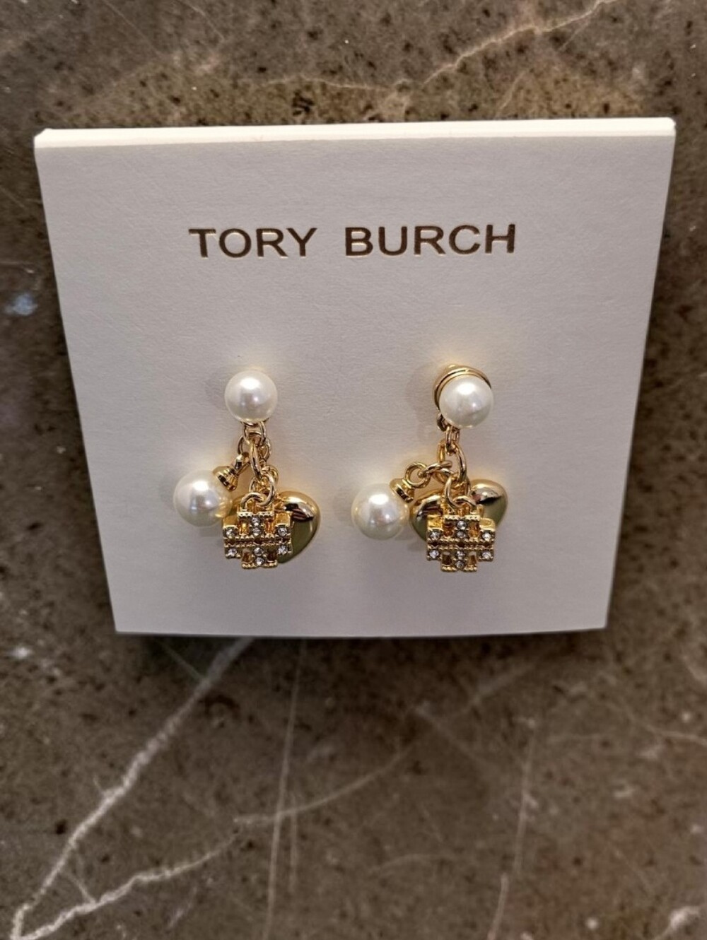 Tory Burch Gold and Pearl Logo Heart Drop Earrings